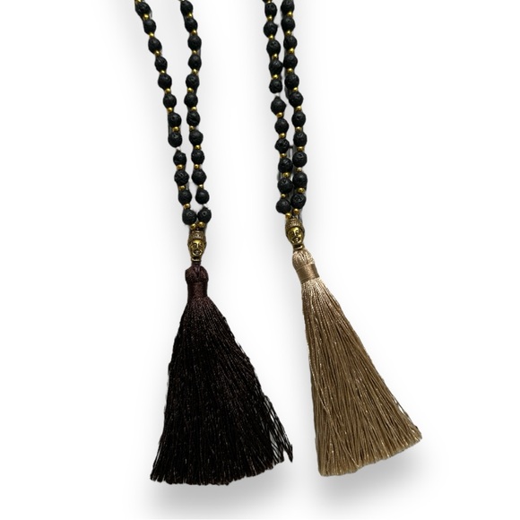 Boho Buddha Black Gold Beaded Tassel Necklace Long - Picture 1 of 8